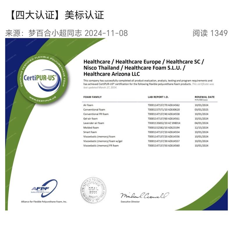 CERTIPUR 认证证书